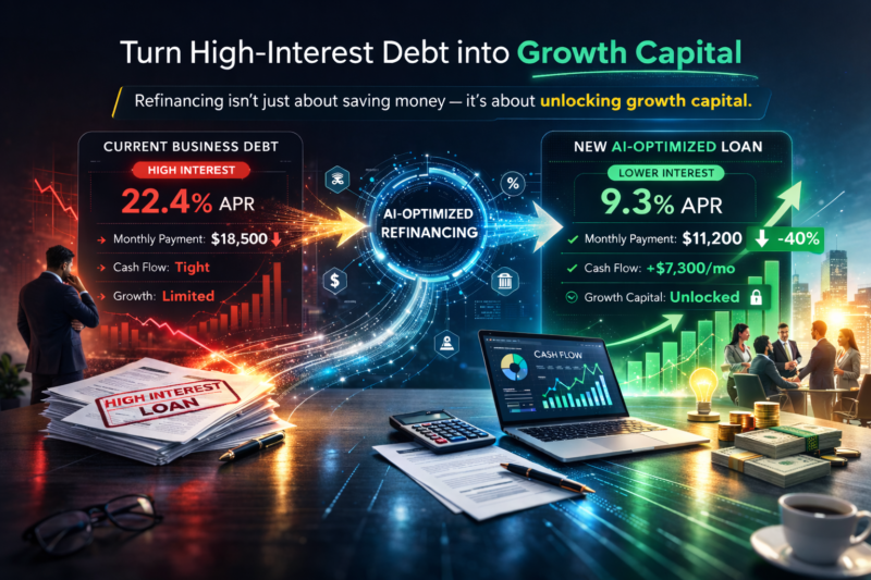 A professional digital interface showing a business debt being converted into a lower-interest, AI-optimized loan.