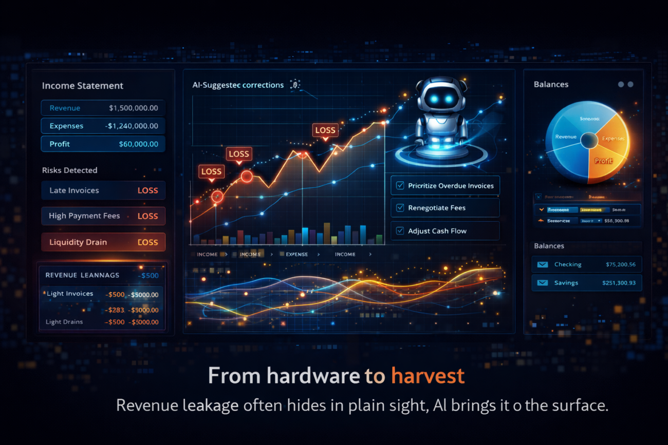 A digital financial dashboard highlighting areas of revenue loss and AI-suggested corrections.