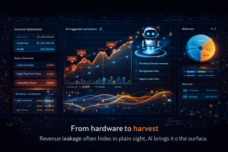 A digital financial dashboard highlighting areas of revenue loss and AI-suggested corrections.