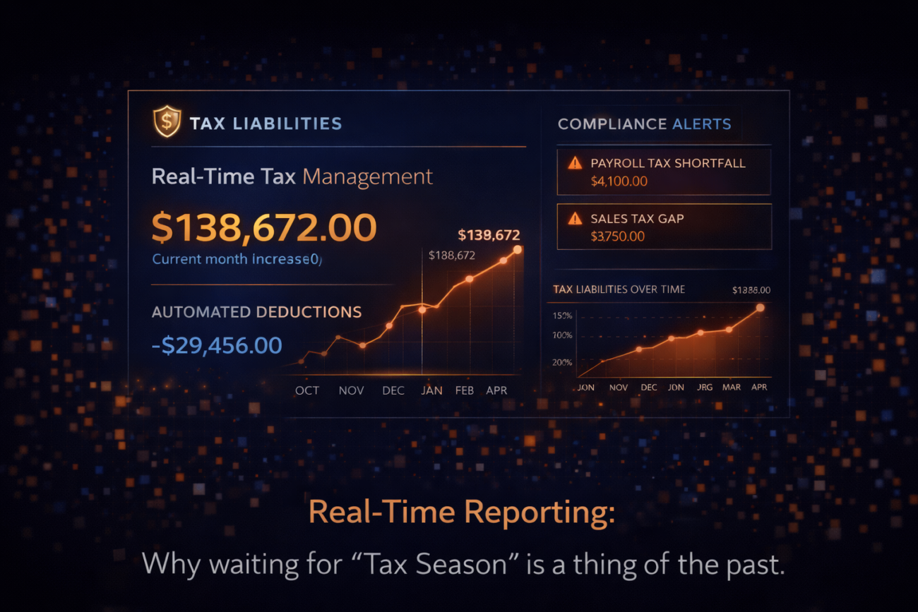 A sleek financial interface showing real-time tax liabilities alongside automated deductions and compliance alerts.