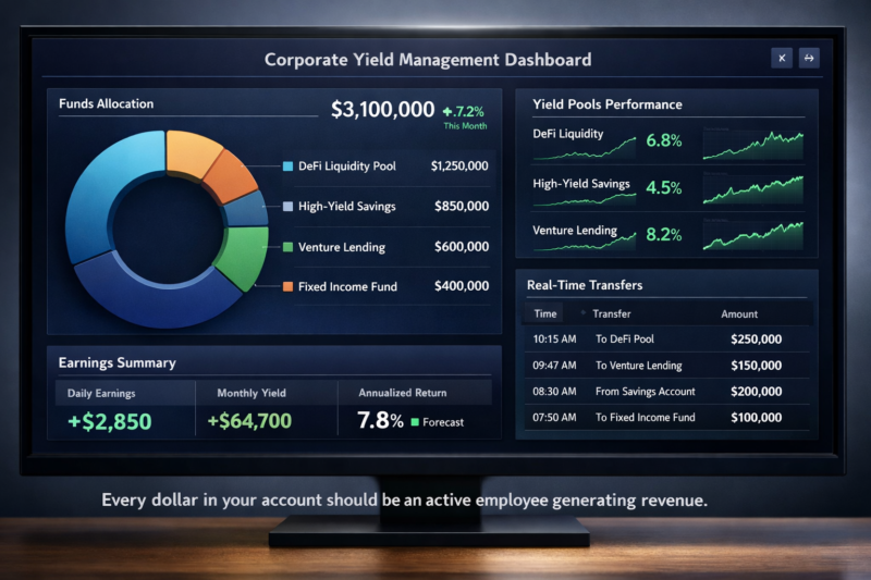 A professional financial dashboard showing real-time movement of corporate funds into various yield-generating pools.