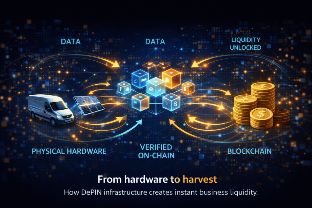 Workflow diagram showing physical hardware generating data, data being verified on-chain, and liquidity being unlocked.