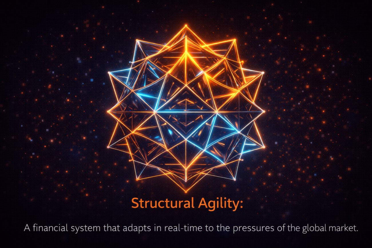 A conceptual 3D animation of a glowing geometric structure expanding and contracting in a rhythmic motion, symbolizing financial elasticity.