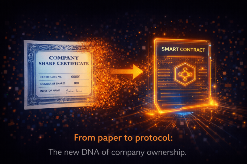 A high-end digital representation of a company share certificate being transformed into a glowing, data-driven smart contract.