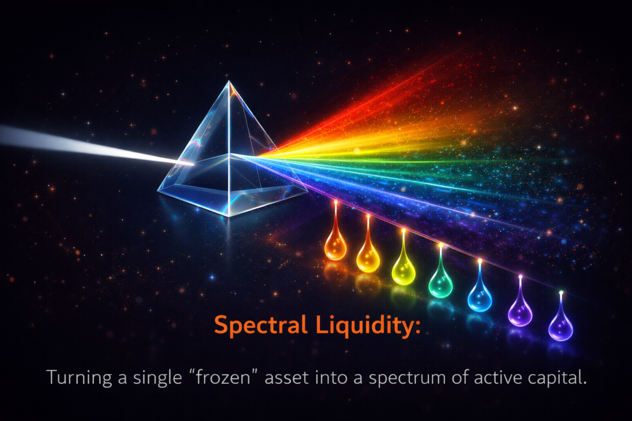 A glass prism breaking a single beam of light into a spectrum of colors, symbolizing a single asset being broken into multiple liquid fractions.