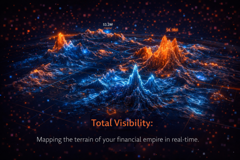 A high-resolution 3D topographical map where the peaks and valleys represent concentrations of liquid capital and illiquid assets.