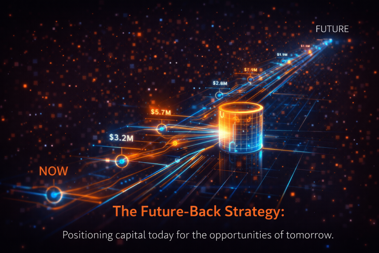 A digital timeline showing financial data points flowing from the future back into a central treasury hub.