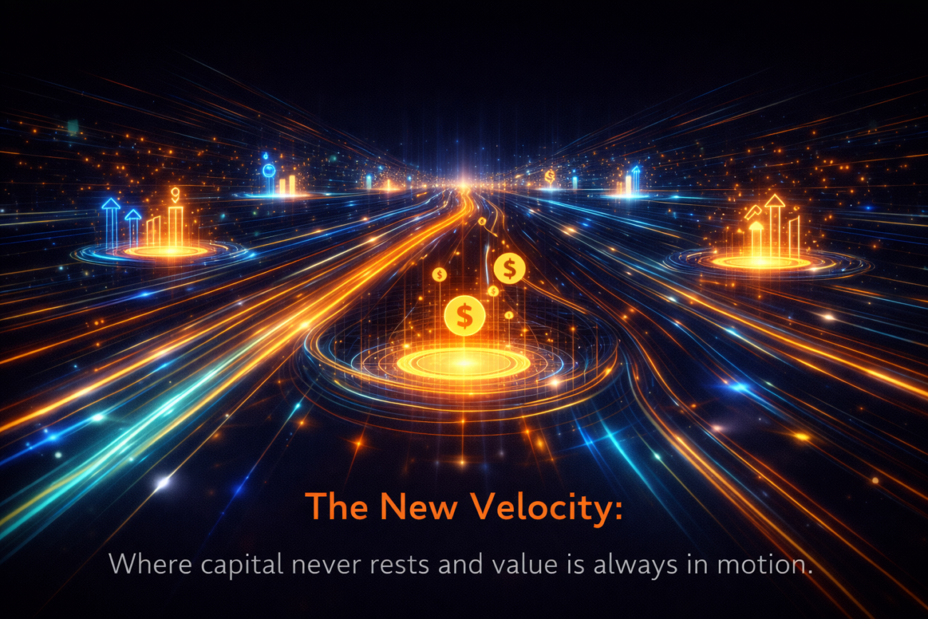 A sleek, dark interface with glowing neon lines representing the high-speed movement of capital through a decentralized network.