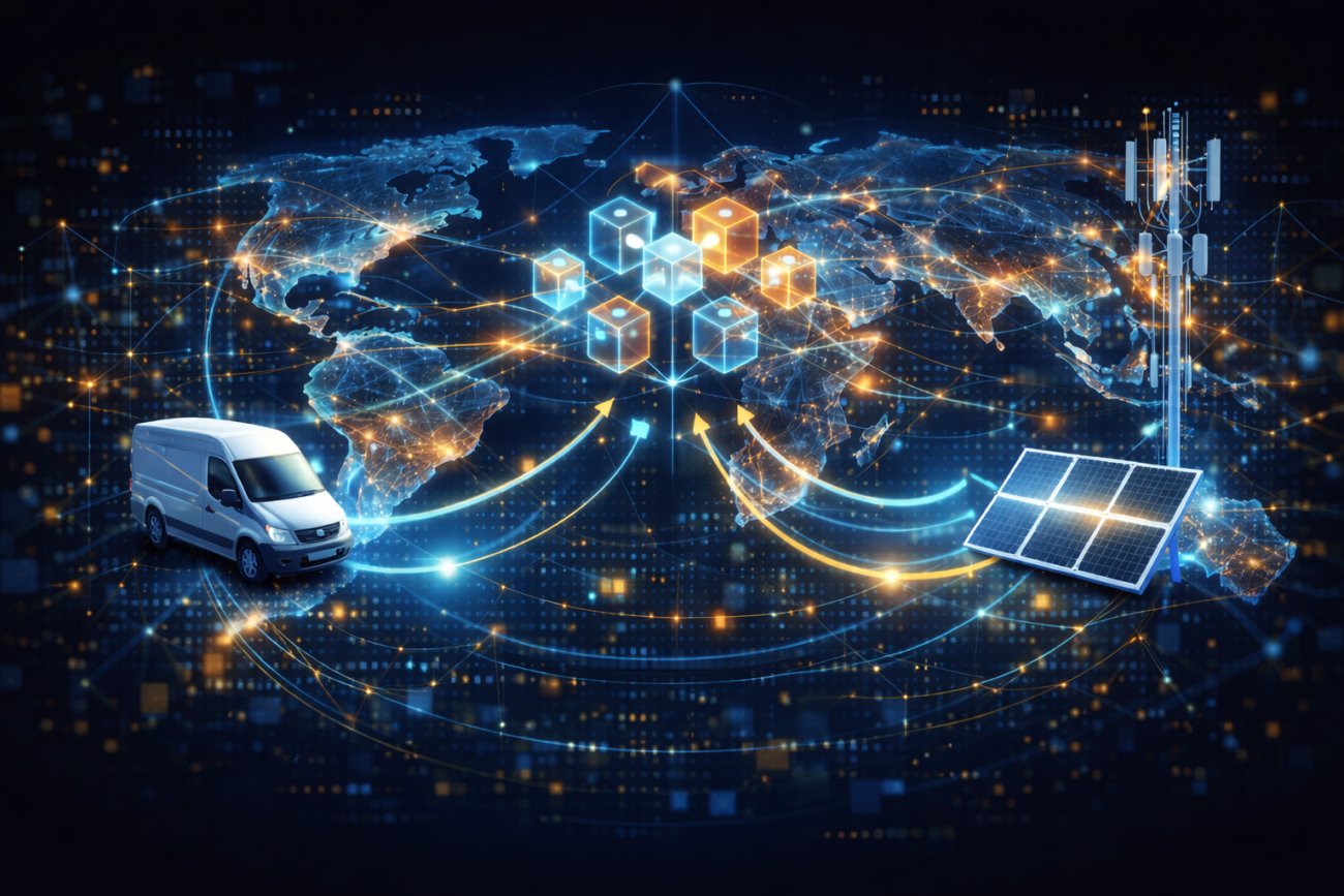 A global map showing connected physical assets like delivery vans, solar panels, and 5G towers linked to a blockchain.