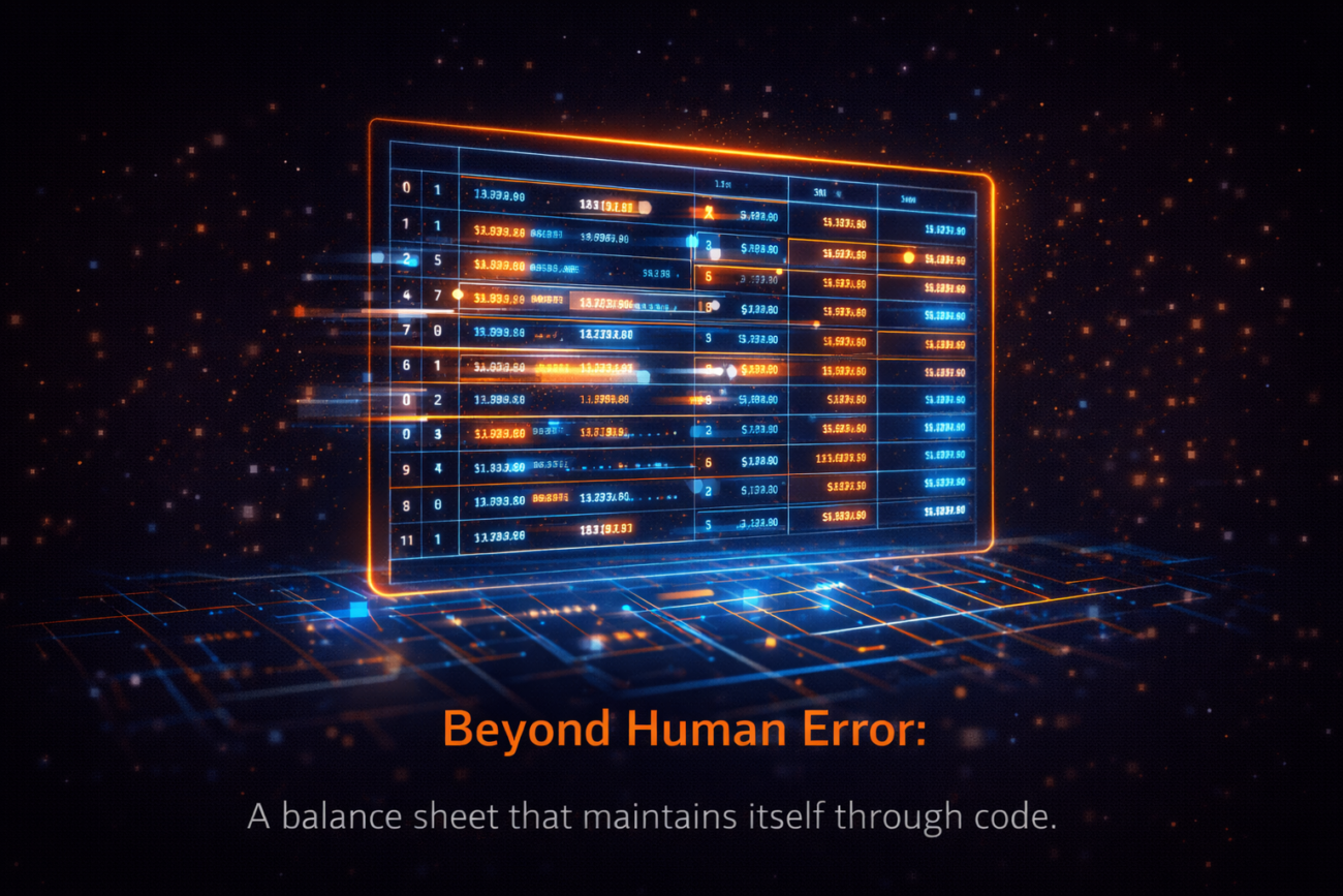 A glowing digital ledger where the entries are moving and updating themselves in real-time, representing autonomous asset management.