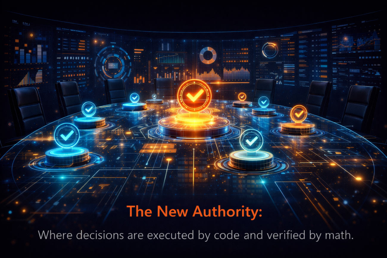 A futuristic, holographic boardroom table where digital tokens represent voting power and real-time corporate data.