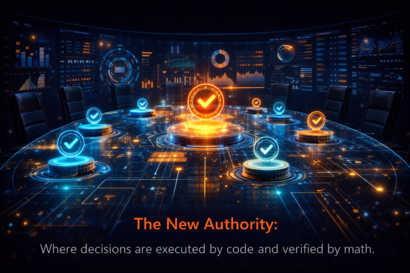 A futuristic, holographic boardroom table where digital tokens represent voting power and real-time corporate data.