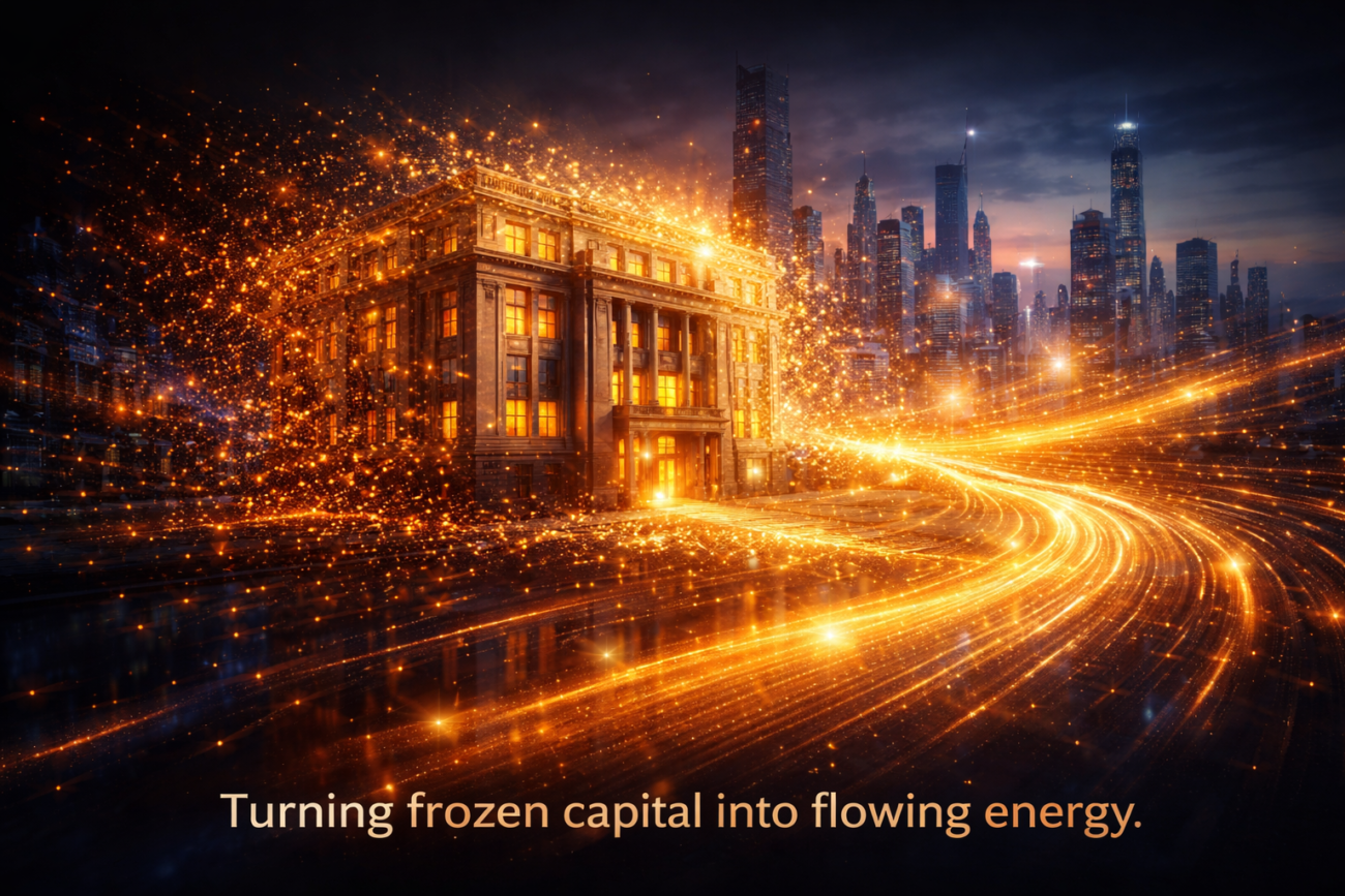 An elegant visualization of a physical building dissolving into digital gold particles, representing the shift to asset liquidity.