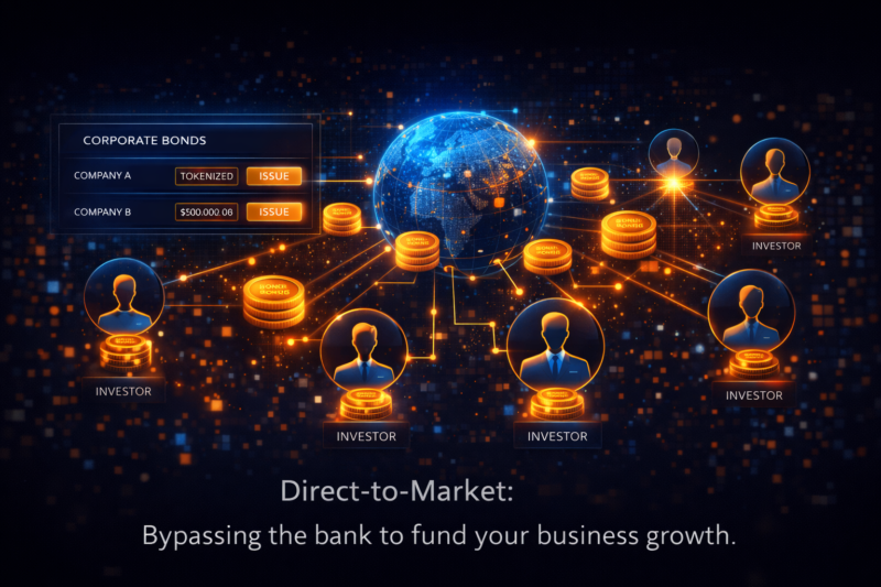 A digital exchange interface showing corporate bonds being issued as tokens to a global pool of private investors.