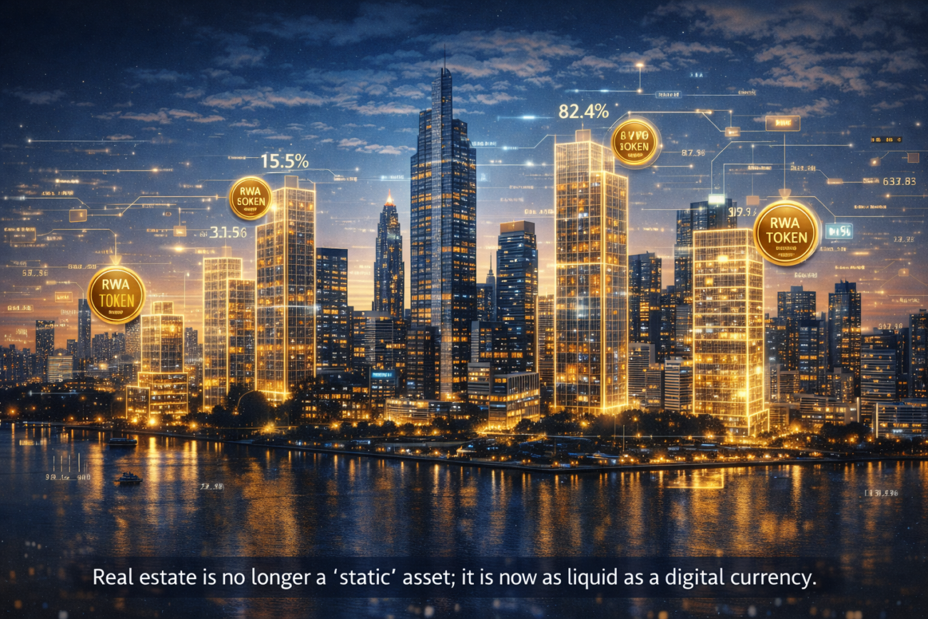 A modern city skyline with digital gold overlays representing fractional ownership of buildings.