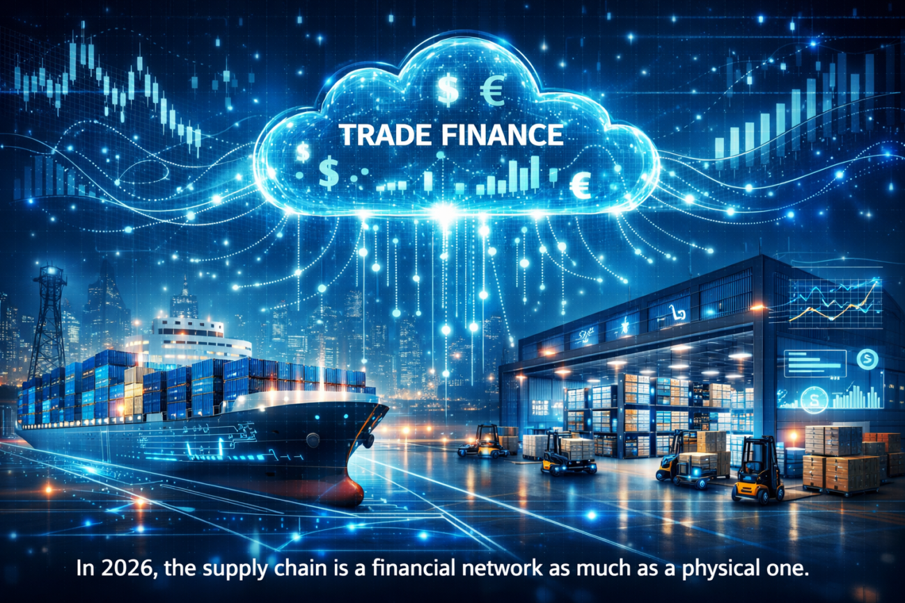 A high-tech visualization of a cargo ship and warehouse connected to a digital financial cloud representing real-time trade finance.