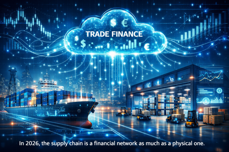 A high-tech visualization of a cargo ship and warehouse connected to a digital financial cloud representing real-time trade finance.