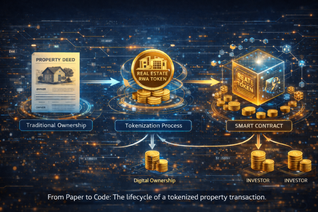 Workflow diagram showing a property deed being converted into digital tokens and distributed via a smart contract.