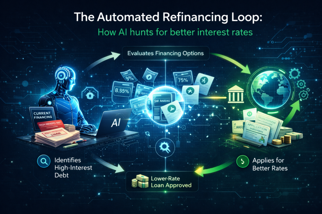 Workflow diagram showing how an AI agent identifies high-interest debt and automatically applies for lower-rate alternatives.