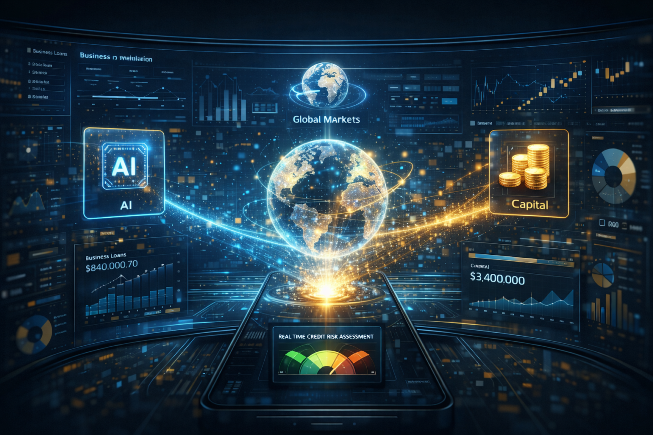 AI-driven financial dashboard illustrating real-time credit risk assessment and global business loan data analysis.