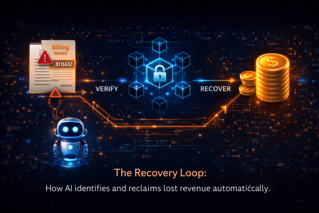 Workflow diagram showing the process of identifying a billing error, verifying it with a smart contract, and recovering the funds.