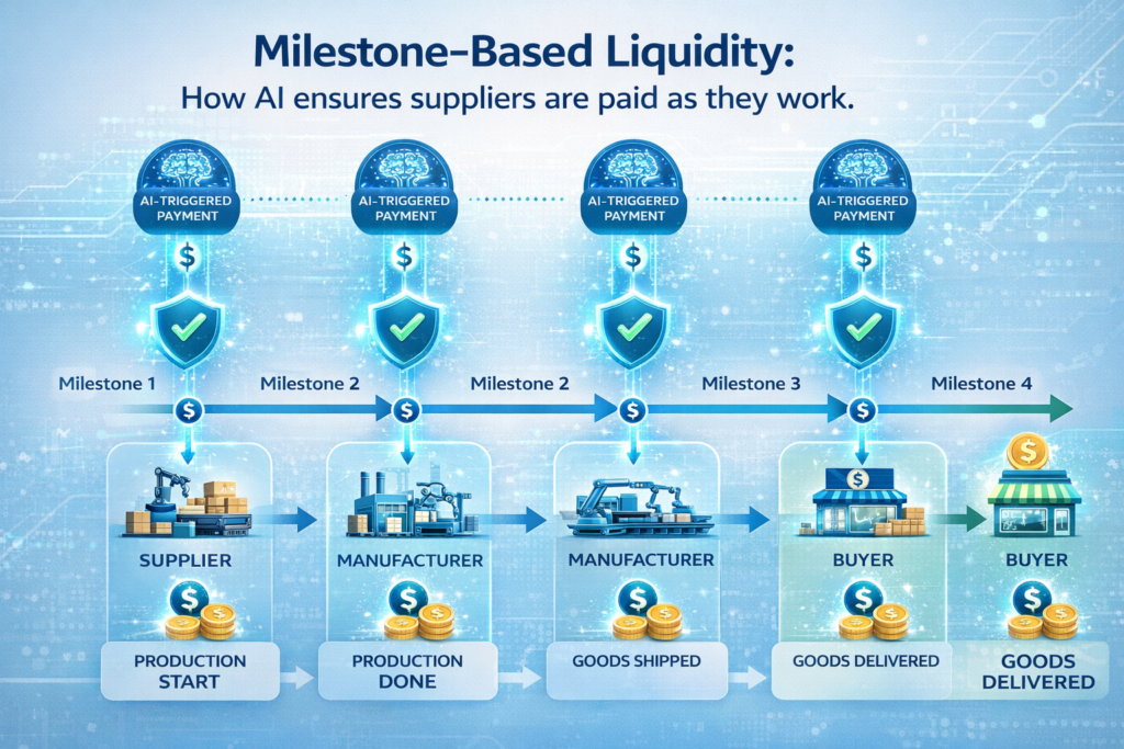 A diagram showing the flow of goods from supplier to buyer, with AI-triggered payments at every milestone.