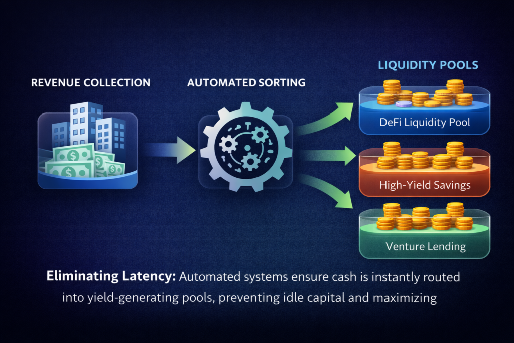 A diagram showing the cycle of revenue collection, automated sorting, and immediate deployment into liquidity pools.
