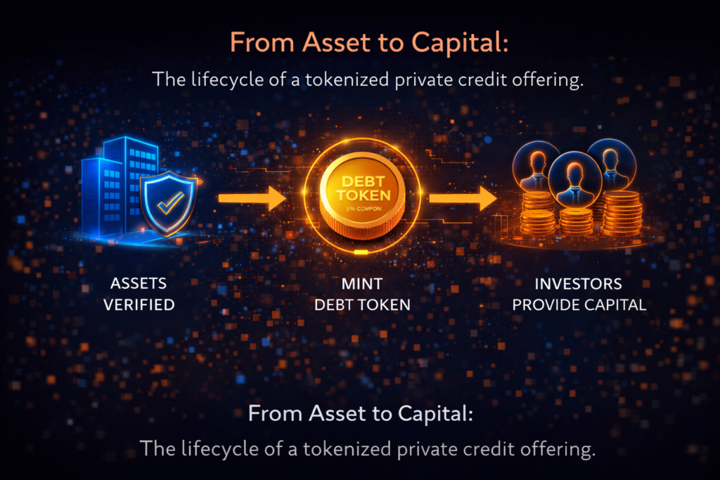 A workflow diagram showing a business's assets being verified, a debt token being minted, and investors providing capital.