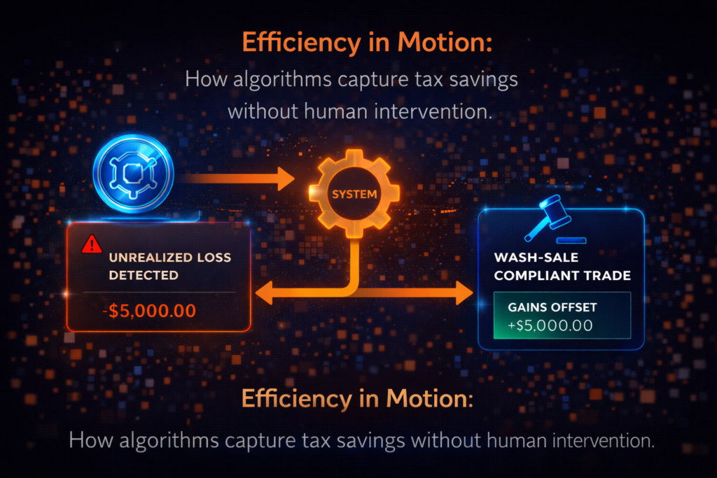 A flowchart showing a system detecting an unrealized loss in a tokenized asset and automatically executing a wash-sale compliant trade to offset gains.
