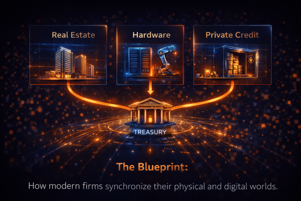 A high-end architectural diagram showing how real estate, hardware, and private credit feed into a central treasury.