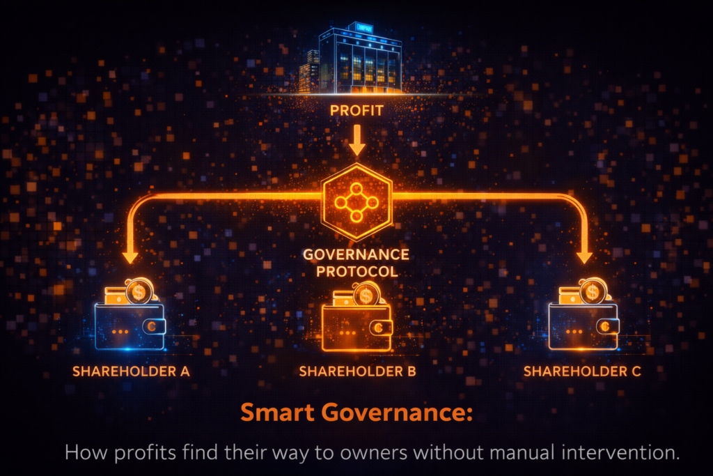 A workflow diagram showing a company's profit being automatically split and sent to shareholders' wallets via a governance protocol.