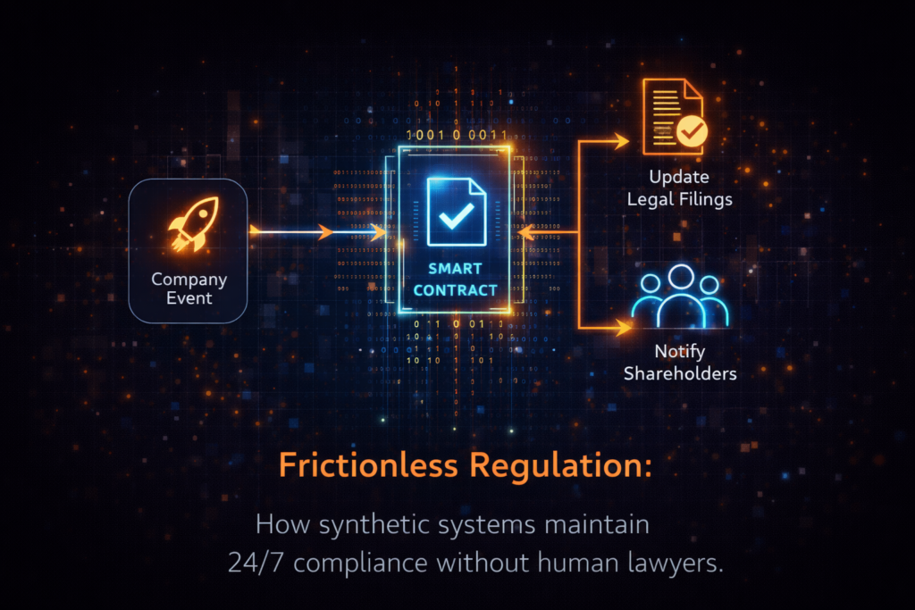 A flowchart showing a company event triggering a smart contract, which then automatically updates legal filings and notifies shareholders.