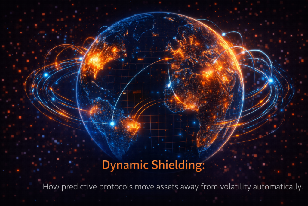 A 3D global heatmap showing real-time risk zones and automated capital reallocation paths.