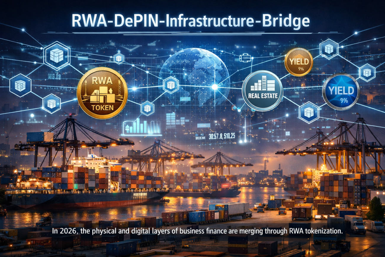 Digital RWA tokens and blockchain nodes overlaying physical infrastructure at a shipping port.