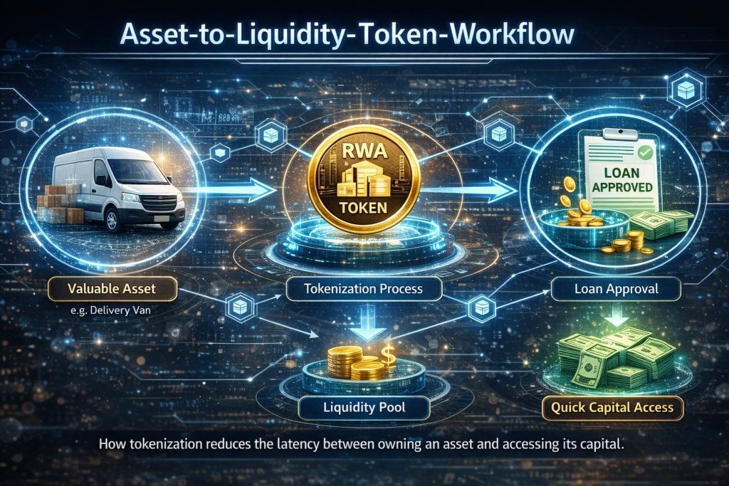 Workflow diagram showing a physical business asset being tokenized for instant liquidity