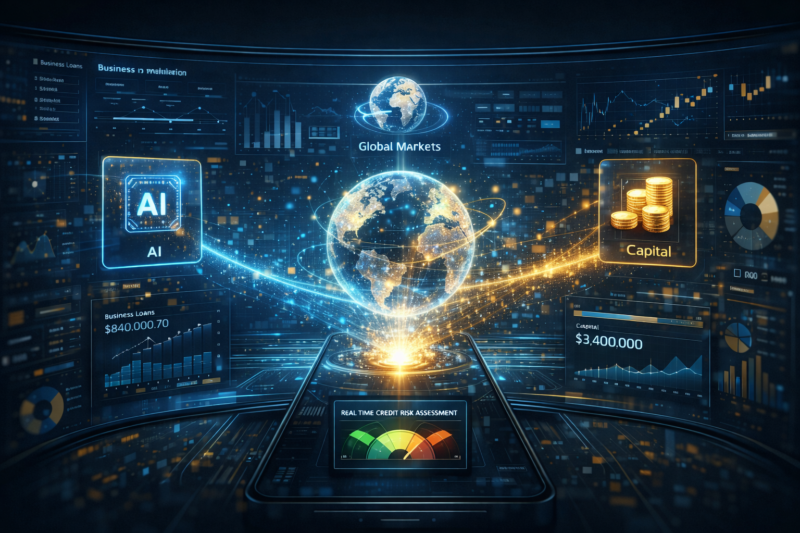 AI-driven financial dashboard illustrating real-time credit risk assessment and global business loan data analysis.