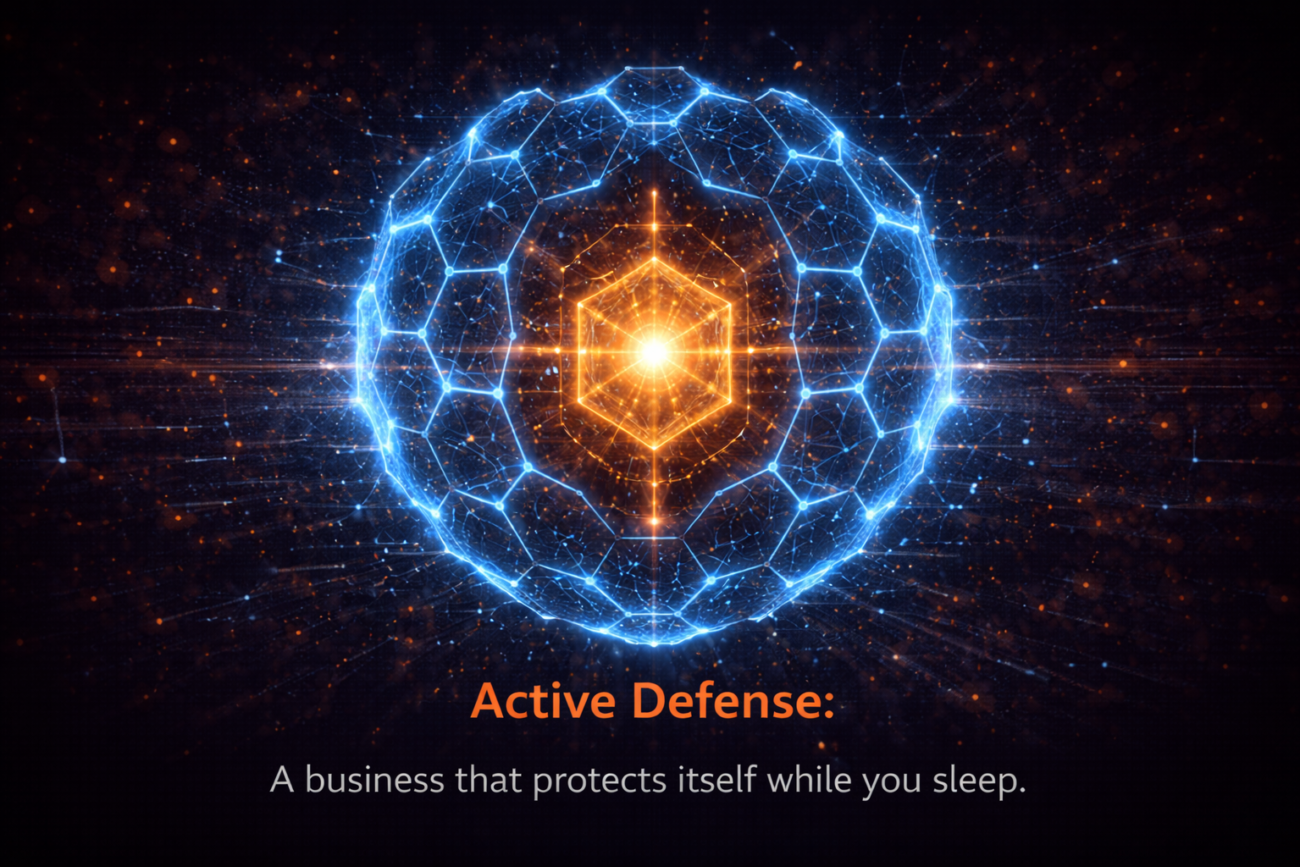 A high-tech digital shield made of interlocking hexagonal nodes, glowing with blue energy, protecting a central golden core.