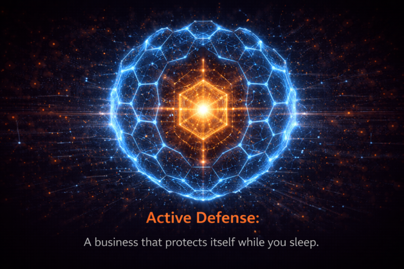 A high-tech digital shield made of interlocking hexagonal nodes, glowing with blue energy, protecting a central golden core.