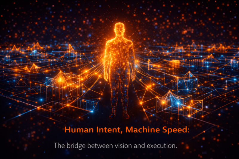 A glowing human silhouette made of golden data points, connected to a vast network of shifting geometric shapes representing global assets.