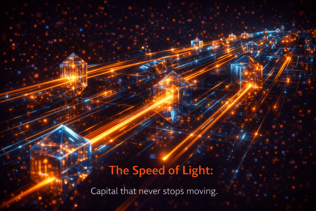 A 3D visualization of Hyper-Liquid Treasury Architecture showing golden capital streams flowing through crystal nodes.
