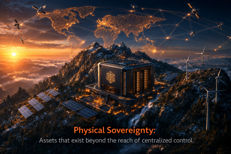 A futuristic server node integrated into a mountain landscape, powered by renewable energy and connected to a global satellite mesh.