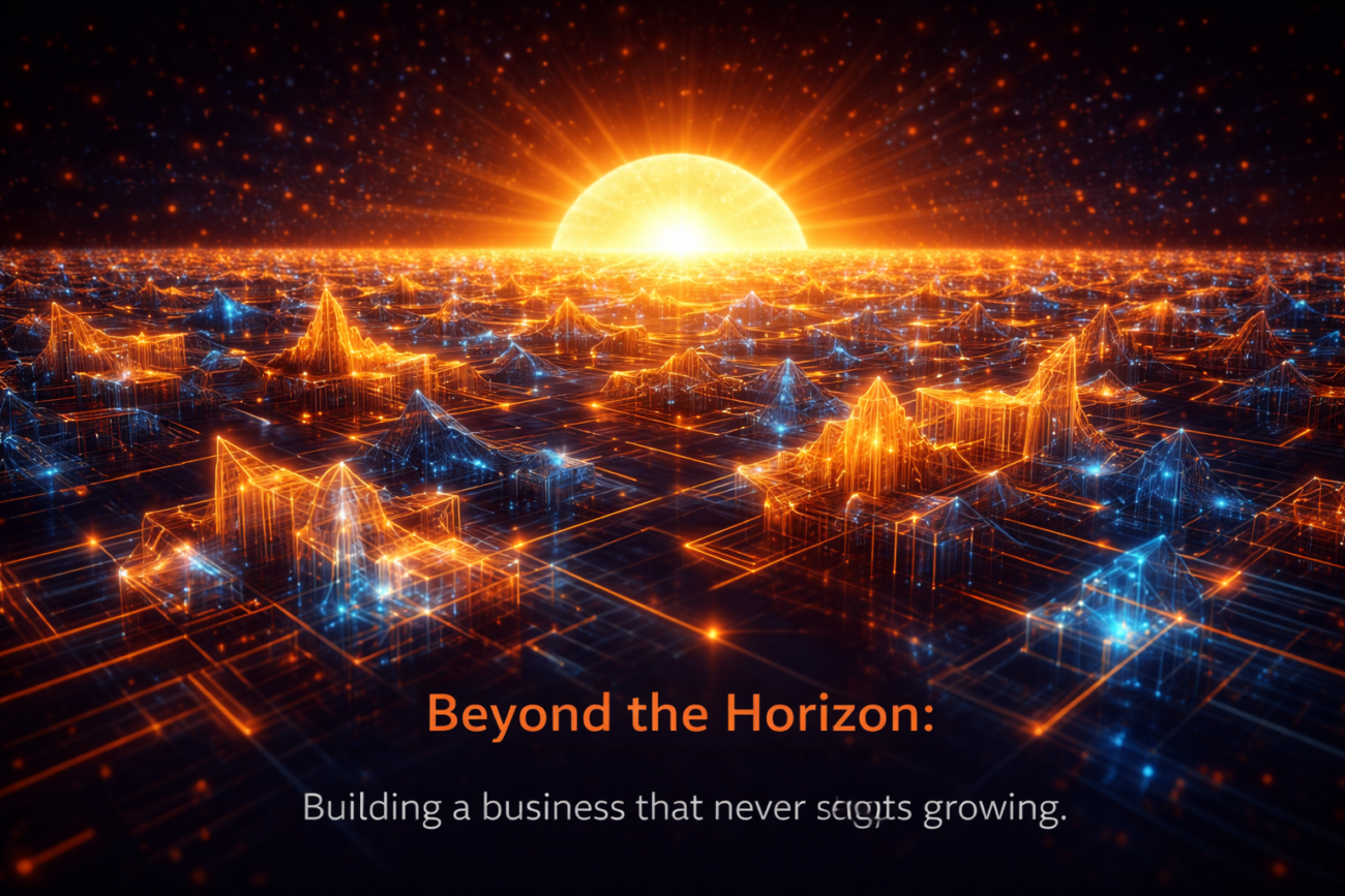 A golden sun rising over a digital landscape made of interconnected geometric crystal structures.