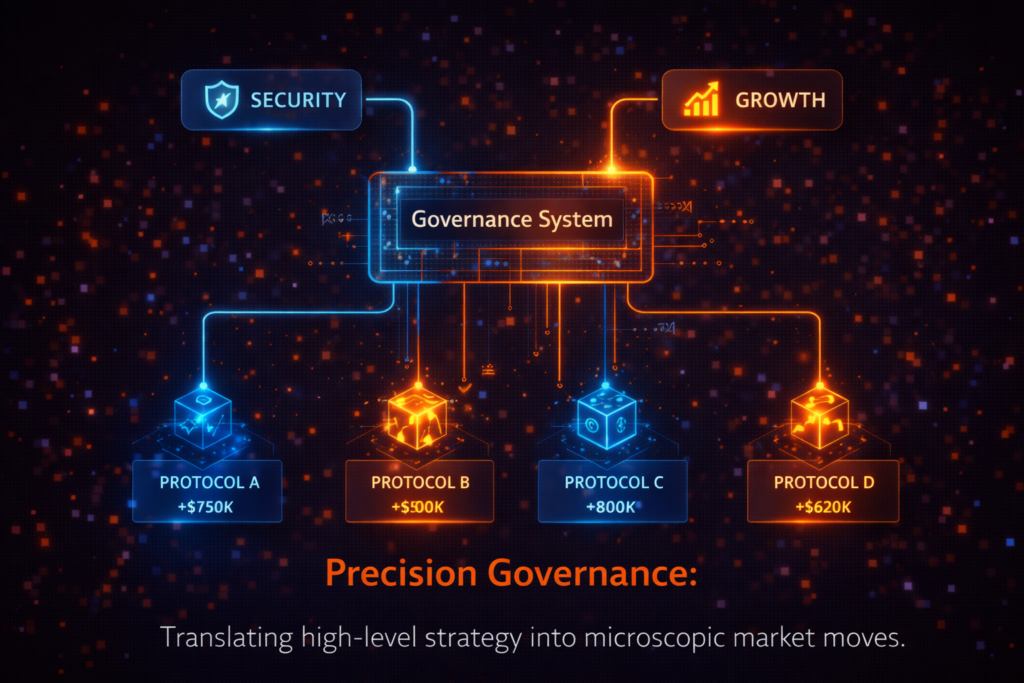 A flow diagram where abstract goals like 'Security' or 'Growth' are automatically translated into specific capital allocations across various protocols.