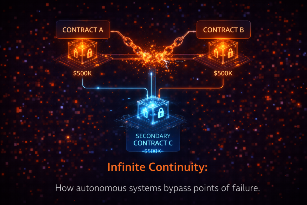 A flow diagram showing a broken financial link being automatically bypassed and repaired by a secondary smart contract protocol.